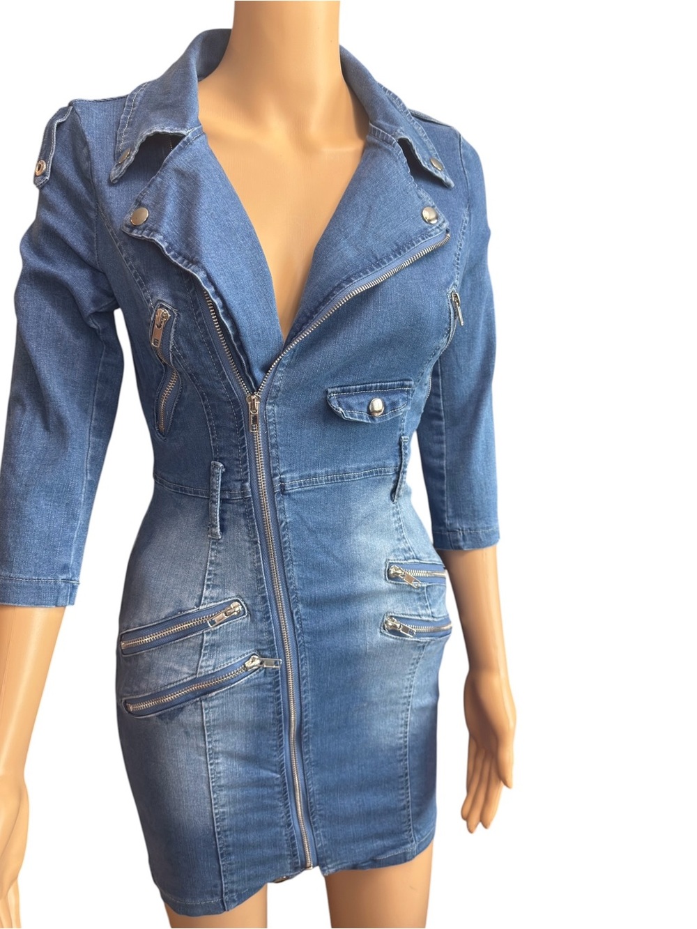 Fashion Nova Blue Denim Moto Zip Dress
